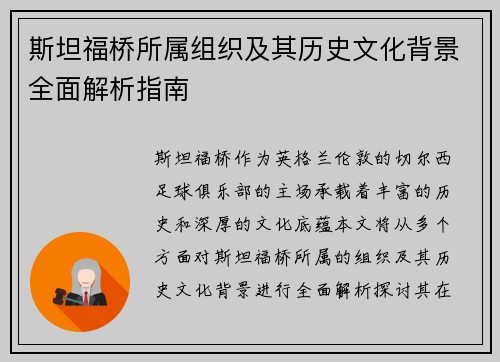 斯坦福桥所属组织及其历史文化背景全面解析指南