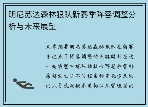 明尼苏达森林狼队新赛季阵容调整分析与未来展望